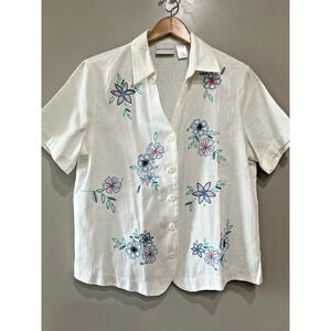 White Embroidered Cotton blend button down V neck Jacquard Shirt with Sz 16